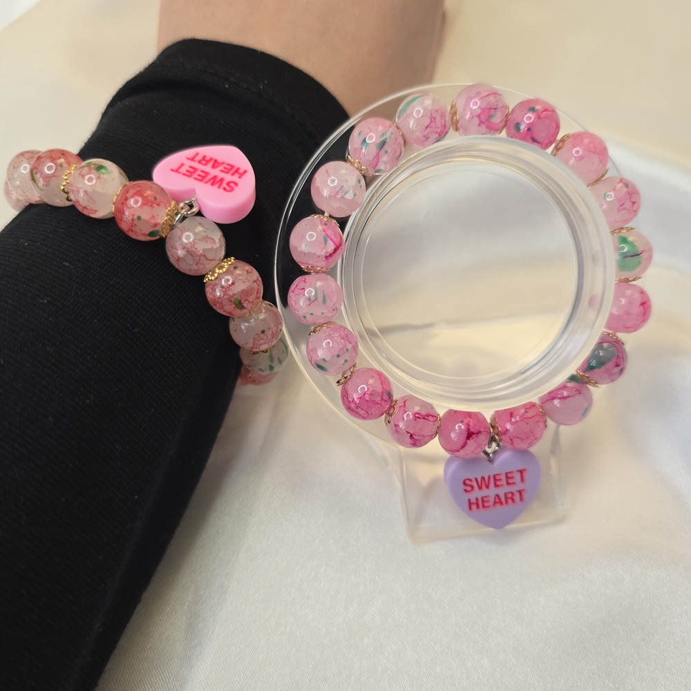 2 Pcs. Pink Beaded Bracelets with Sweet Heart Charm - Picture 5 of 5